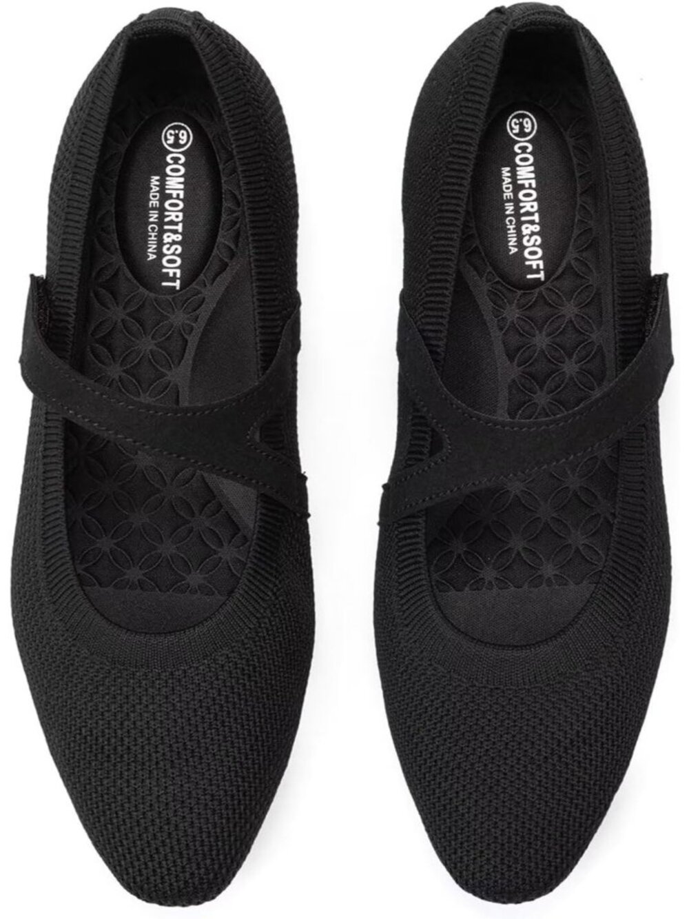 Women's All Black Knitted Mary Jane Square Toe Comfortable Ballet Flat Shoes